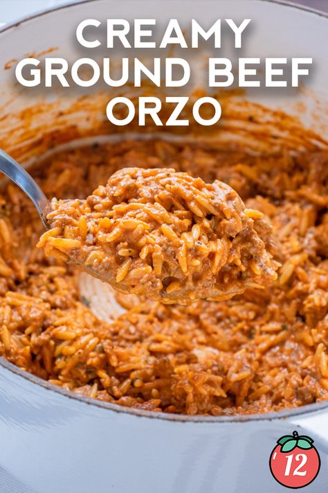 Creamy Ground Beef Orzo | 12 Tomatoes Creamy Tomato Ground Beef Orzo, Ground Beef Orzo Recipes, Orzo Recipes Healthy, Beef Orzo, Creamy Ground Beef, Creamy Orzo, Orzo Recipes, Russian Food, Food Addict