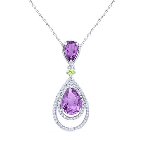 1/5 Ct Pear Shaped Amethyst & Peridot & Genuine Natural Diamond 14K Gold Over Drop Pendant # Free Stud Earrings Product Information Metal : Sterling Silver Metal Purity : 925 Type: Necklace Style: Drop Pendant Total Carat(TCW): 0.2 Main Stone: Amethyst & Peridot & Genuine Natural Diamond Stone Treatement: Not Enhanced(Natural) Stone Creation: Natural & Simulated Stone Color: White(I-J) & Purple & Green Stone Shape: Pear & Round Stone Clarity: AAA & I2 - I3 Cut Diamond Drop Pendant, Peridot Pendant, Fashion Pendant, Peridot Stone, Green Peridot, Purple Stones, Diamond Drops, Amethyst Stone, Drop Pendant