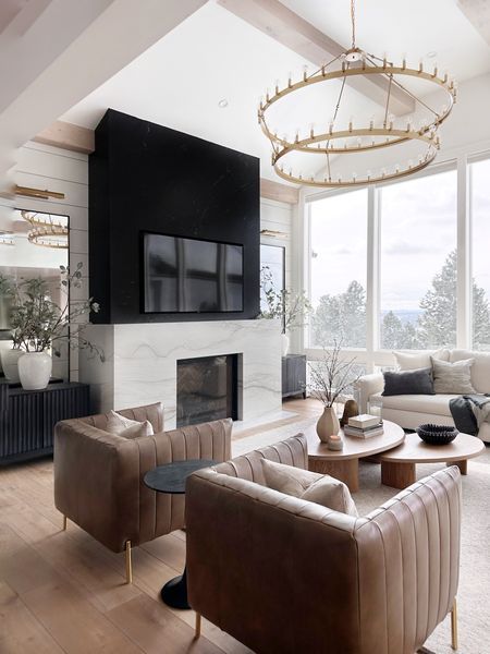 Restoration Hardware Living Room Leather Couch, Family Room Lighting Brown Wood And Gold, Living Room Fireplace Layout, Open Concept Living Room Layout, Natural Wood Living Room, Pottery Barn Living Room Ideas, Rh Lancaster Leather Sofa, Restoration Hardware Sectional Leather, Modern Great Room