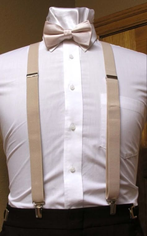 Champagne Suspenders and Bow Tie--Tuxedo Warehouse Suspenders With Bow Tie, Quinceanera Champagne, Quinceanera Chambelanes, Chambelan Outfits, Chambelanes Outfits, Champagne Bow Tie, Champagne Quinceanera Dresses, Quinceanera Collection, Pink Quince