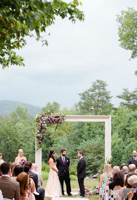 A Wedding Ceremony Backdrop Idea to Obsess Over: Oversized Picture Frames Wedding Ceremony Pictures, Backdrop Frame, Wedding Ceremony Backdrop, Backdrop Ideas, Wedding Ceremony Flowers, Frame Wedding, Wedding Picture Frames, Ceremony Flowers, Ceremony Backdrop