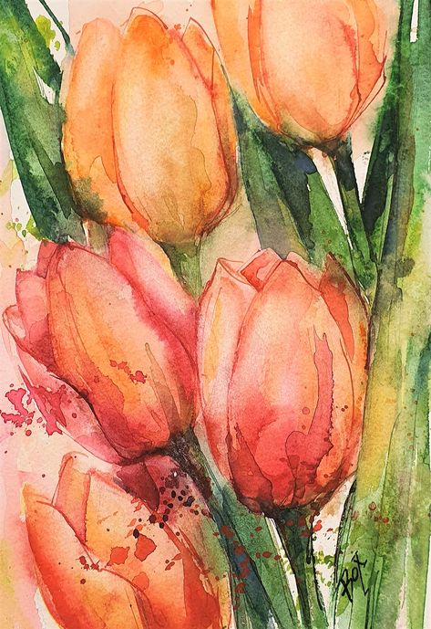 Aquarel Painting, Tulip Painting, Tulips Art, Watercolor Flowers Tutorial, Watercolor Beginner, Watercolor Tulips, Watercolor Paintings For Beginners, Watercolor Pictures, Watercolor Paintings Easy