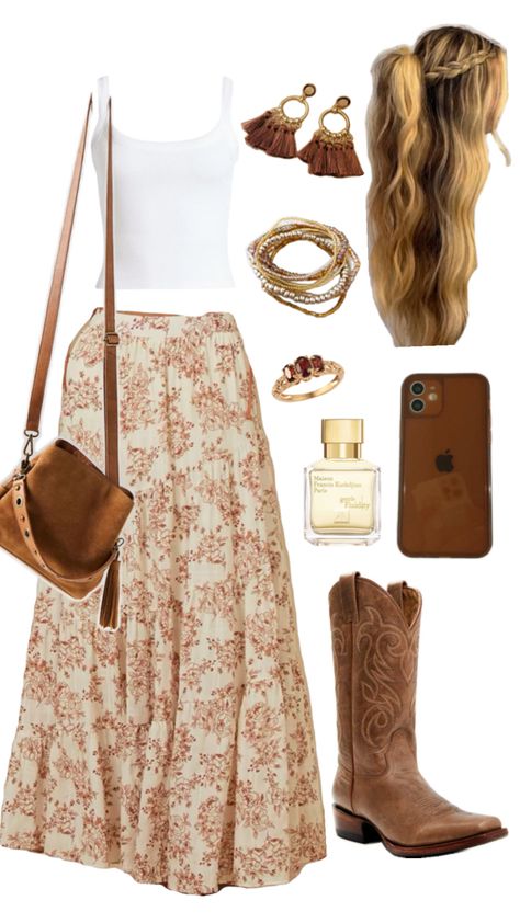 Floral maxi skirt, brown western cowboy boots, fringe tassel earrings Boots And Maxi Skirt, Cowboy Boot Outfits, Texas Fashion, Cowgirl Style Outfits, Outfit Polyvore, Boho Country, Western Style Outfits, Boho Style Outfits, Maxi Skirt Outfits