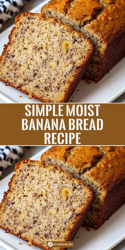 This simple moist banana bread recipe uses ripe bananas, walnuts, and raisins. A delicious and easy treat for any time of day! Simple Moist Banana Bread Recipe, Easy Bannana Bread, Banana Bread Recipe Few Ingredients, Moist Banana Bread Muffins Easy, Easy Simple Banana Bread, Small Banana Bread Recipe Easy, No Milk Banana Bread, Banana Walnut Bread Recipe Moist Easy, How To Make A Banana Bread