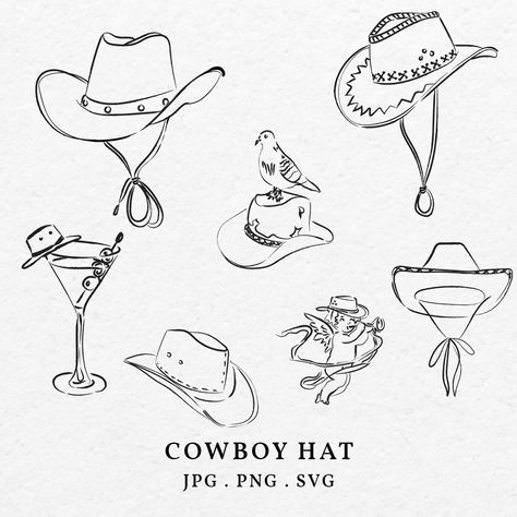 Cowboy Hat Tattoo Design, Cowboy Hat Line Drawing, Western Hat Tattoo, Cowgirl Hat Illustration, Retro Western Wedding, Cowboy Hat Sketch, Cowboy Hat Doodle, Cowboy Hat Outline, Etsy.com Etsy