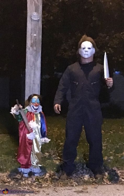 Linda: Father and son Michael Myers. My husband wanted to be Michael Myers and I came up with the idea to have someone make my son the younger version. Michael Myers Costume, Most Popular Halloween Costumes, Mom Halloween Costumes, Halloween Party Night, Diy Couples Costumes, Kids Costumes Boys, Halloween Film, Disney Halloween Costumes, Costume Works