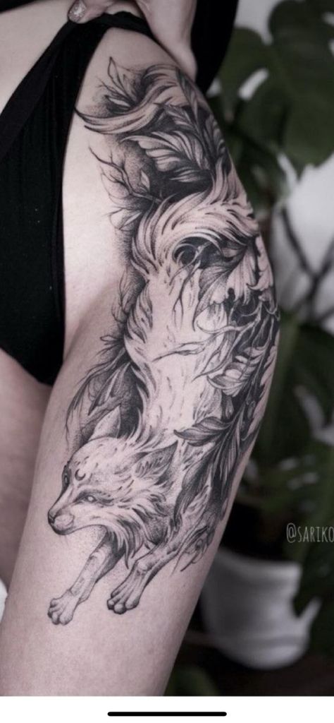 Fox Tattoo On Thigh, Thigh Fox Tattoo, Fox Leg Tattoo, Fox Tattoo Thigh, Fox Tattoo Leg, Wolf Hip Tattoo, Wolf Tattoo Thigh, Wolf Tattoo Leg, Fox Thigh Tattoo