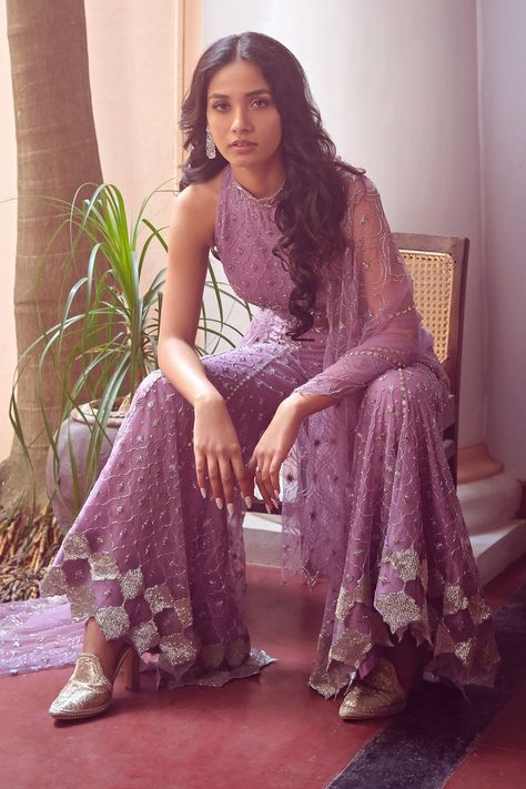 Top And Sharara Set, Crystals Makeup, Top With Pants, Lavender Fabric, Purple Tulle, Indian Outfits Lehenga, Lipstick Eyeshadow, Embroidered Crop Tops, Indian Look