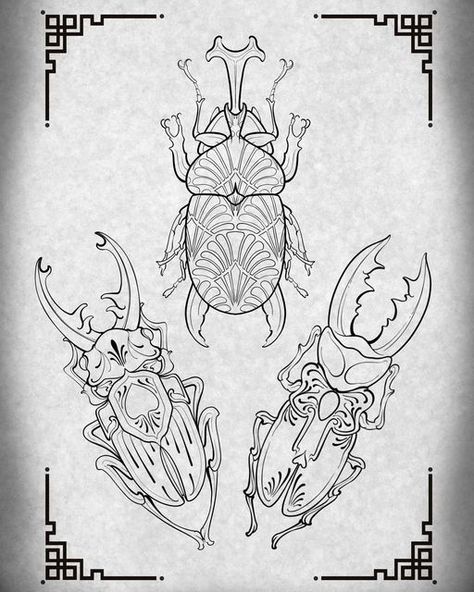 Animal Art Nouveau, Art Deco Beetle, Art Nouveau Beetle, Beetle Tattoo Design, Insect Tattoos, Brighton Tattoo, Art Deco Tattoo, Beetle Tattoo, Art Nouveau Tattoo