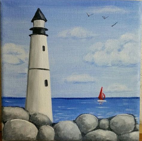 Acrylic Boat Painting Easy, Simple Lighthouse Painting, Lighthouse Painting Easy, Boat Painting Acrylic, Lighthouse Drawing, Ocean Art Painting, Sunset Canvas Painting, 심플한 그림, Buddhist Art Drawing