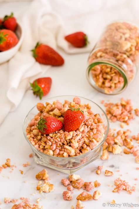 Strawberry Crunch Topping (Easy-No bake) - Pastry Wishes Strawberry Crunch Topping Recipe, Strawberry Crunch Recipe, Crunch Topping Recipe, Homemade Strawberry Crunch, Strawberry Crunch Topping, Crunch Topping, Cobbler Crust, Strawberry Poke Cakes, Strawberry Shortcake Ice Cream