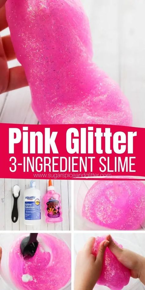 How to make pink glitter slime with just 3-ingredients. A fun, squishy and stretchy 3-ingredient slime perfect for a princess party or homemade Valentine's Day gift. This pink glitter slime is so simple to make and lasts for at least two weeks. How To Make Glitter Slime, Barbie Preschool Activities, Barbie Slime Party, Barbie Party Crafts For Kids, Barbie Birthday Party Games For Kids, Barbie Party For Kids, Barbie Birthday Activities For Kids, Pink Crafts For Preschoolers, Barbie Crafts For Kids Birthday Parties