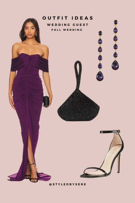 Deepen the hue but keep the color this fall for your weddings with a gorgeous draped deep plum gown. A sweetheart neckline and fallen shoulders, this wedding guest dress is made to impress. For fall, pair with black heels, a sparkle clutch, and deep color-coordinated chandelier earrings. Plum Dress Outfit Wedding, Fall Wedding Outfit Guest, Plum Gown, Wedding Guest Fall, Plum Colored Dresses, Wedding Guest Outfit Fall, Plum Wedding, Plum Dress, Deep Plum