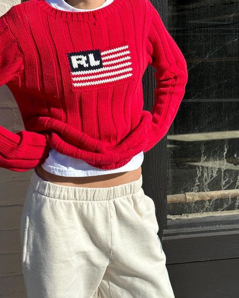 Lauren Ladnier on Instagram: “I typically enjoy coming up with captions.. but I can’t think of one for this. maybe this long road trip is getting to me…. 🙃🫶😵‍💫” Ralph Lauren Sweater Outfit, Rl Sweater, Horse Polo, Flag Sweater, American Flag Sweater, Winter Wardrobe Essentials, Long Road Trip, Trendy Sweaters, Spring Fits