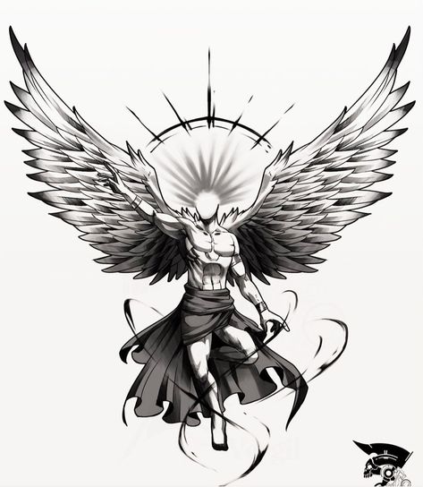 Angel Back Tattoo, Atlas Tattoo, Archangel Tattoo, Graphic Tattoo, Half Sleeve Tattoos Drawings, Japan Tattoo Design, Back Tattoos For Guys, Mythology Tattoos, Warrior Tattoo