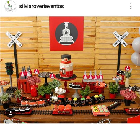 Choo choo train themed birthday party dessert table decor Vintage Train Party Decorations, Vintage Train Birthday Party Decoration, Chu Chu Train Birthday Party, Train Table Decorations, Train Party Table Decor, Train Theme Birthday Party Decorations, Train Dessert Table, Birthday Party Train Theme, Birthday Train Theme