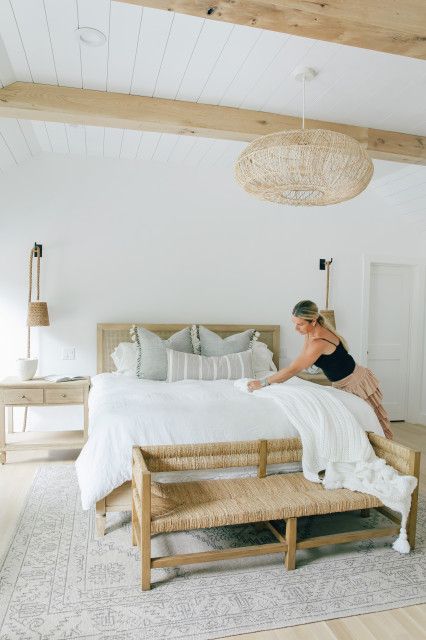 Forever Farmhouse - Beach Style - Bedroom - Other - by GLDESIGN | Houzz Bedroom Wood Beams, Wood Beam Ceiling Bedroom, Walnut And White Bedroom, High Ceiling Decorating Bedroom, Bedroom White And Wood, Bedroom With Beams, Tall Ceiling Bedroom, Bedroom Wood Ceiling, Coastal Primary Bedroom