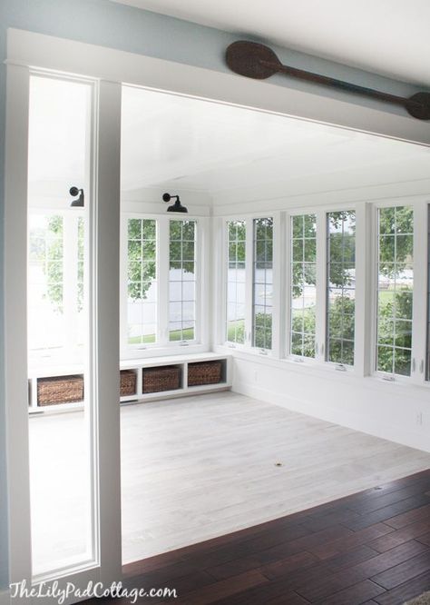 Sunroom Sunroom To Living Room, Sunroom With One Wall Of Windows, Glass Roof Screen Porch, Sunroom Windows That Open, Sunroom Open To Living Room, Sunroom Addition Off Dining Room, Sunroom Off Dining Room, Glass Sunroom Addition, All White Sunroom