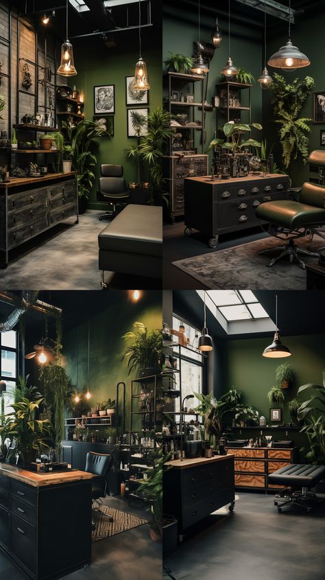 Green Tattoo Studio, Home Barbershop Ideas, Tattoo Studio Aesthetic Dark, Tattoo Room Design, Goth Salon Decor, Witchy Salon, Moody Salon Aesthetic, Barber Suite Ideas, Tattoo Parlor Aesthetic