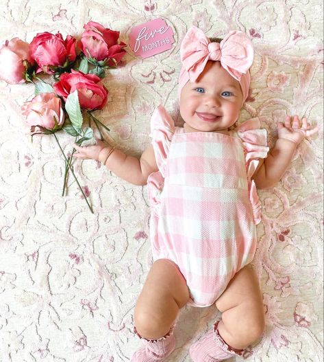 Baby milestone inspiration monthly picture. Add a rose for each month  as baby grows. Baby bling bow, mud pie gingham pink bubble romper, floral rug for nursery 

Follow my shop @wifeydiariesblog on the @shop.LTK app to shop this post and get my exclusive app-only content!

#liketkit #LTKfamily #LTKsalealert #LTKbaby
@shop.ltk
https://liketk.it/3LpwN Floral Milestone Photos, Spring Baby Milestone Picture, Flower Monthly Milestone Pictures, Flower Milestone Pictures, Spring Baby Picture Ideas, May Baby Milestone Picture, Spring Milestone Picture Ideas, May Milestone Picture Baby, Monthly Baby Photos Girly