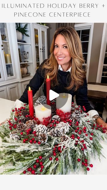 Janine Graff on Instagram: "Holiday Berry and Pinecone Centerpiece ❤️ beautifully combines winter whites, reds, and snowy greens with bright red berries and pinecones, all illuminated by the warm glow of @Luminaraworldwide flameless signature holiday candles. #ad This inviting display is perfect for your Christmas table and festive gatherings. Ideal for holiday celebrations!  I love decorating with Luminara candles! Their patented “flame-effect” technology creates a lifelike appearance making it easy to forget they’re not actually burning. Celebrate your holiday season without the hassle of wax spills or open flames!  #luminarapartner #christmasdecorating #flamelesscandles" Christmas Table Set Up, Janine Graff, Christmas Table Set, White Chocolate Christmas, Luminara Flameless Candles, Luminara Candles, Pinecone Centerpiece, Holiday Berries, Green Centerpieces