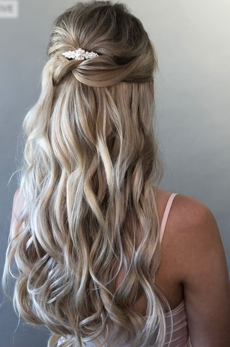 Formal Hairstyles With Hair Piece, Wedding Hair With Fringe Half Up, Curled Hair Half Pulled Back, Pulled Back Wedding Hairstyles, Simple Bride Hair Half Up, Pink Prom Hair, Halfup Halfdown Wedding Hair, Half Up Half Down Wedding Hair Front Pic, Deb Hairstyles