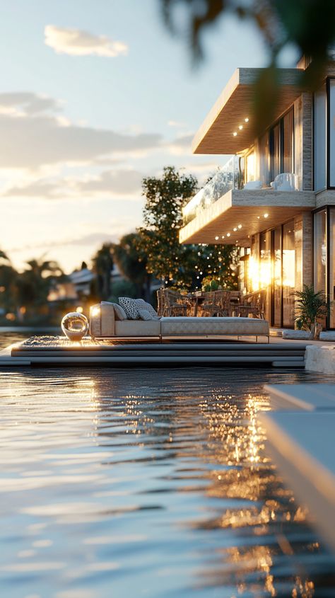 Luxurious Riverside Villa with Private Dock House With Boat Dock, Dock Lakeside Aesthetic, Docks On The Ocean, Luxury Boat Dock, 2 Story Boat Dock, Villas Luxury, Lake Homes, Cozy Nooks, Private Dock