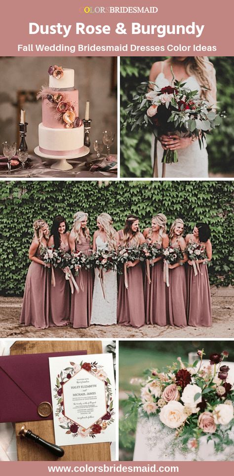 All 20+ Dusty Rose Wedding Color Palettes - ColorsBridesmaid Dusty Rose And Burgundy, Bridesmaid Dresses Color Palette, Burgundy Palette, Dusty Rose Wedding Colors, Dusty Rose Bridesmaid, Country Bridesmaid Dresses, Fall Wedding Bridesmaids, Wedding Burgundy, Fall Wedding Color Palette