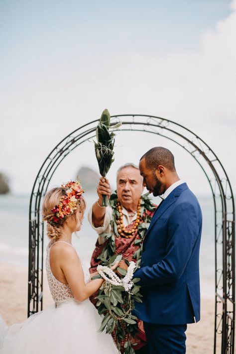 This Retro Hawaiian Wedding at Kualoa Ranch was Full of Aloha Spirit | Junebug Weddings Wedding Lei, Boho Wedding Ceremony, Tropical Wedding Decor, Kualoa Ranch, Kauai Wedding, Hawaiian Culture, Wedding Beach Ceremony, Beach Ceremony, Hawaiian Wedding