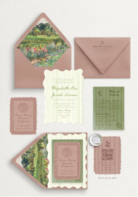 THE VIANSA SUITE Celebrate your special day with our exquisite semi-custom wedding invitation suite, The Viansa, which was thoughtfully designed to capture the essence of your love story.  WHAT YOU GET * Custom letterpress ink color & custom printed stripe color on main invitation * Letterpress Wedding Invitation with wavy edge * Euro flap envelope * Letterpress RSVP Card (includes QR code on the back) * Guest address printing and return address printing on your invitation envelope  **Optional L Illustrated Wedding Card, Wedding Invitations Italian, Italy Wedding Invite, Wedding Invitations Colorful, Chinoiserie Wedding Invitation, Pressed Wedding Invitations, Letterpress Invitation Suite, Wedding Invitations Luxury, Villa Antonia