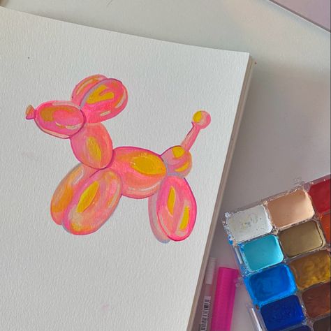 Balloon Dog Painting Easy, Ballon Animal Painting, Balloon Animal Aesthetic, How To Paint Balloons, Balloon Animal Painting, Balloon Animal Drawing, Balloon Dog Painting, Balloon Dog Drawing, Ballon Painting