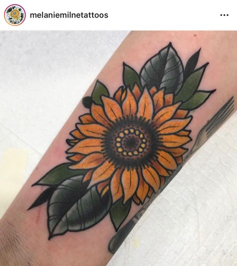 Sunflower American Traditional Tattoo, Old School Sunflower Tattoo, Neo Traditional Sunflower Tattoo, American Traditional Sunflower, American Traditional Sunflower Tattoo, Neo Traditional Sunflower, American Traditional Flower Sleeve, Sunflower Arrow Tattoo, Traditional Sunflower Tattoo