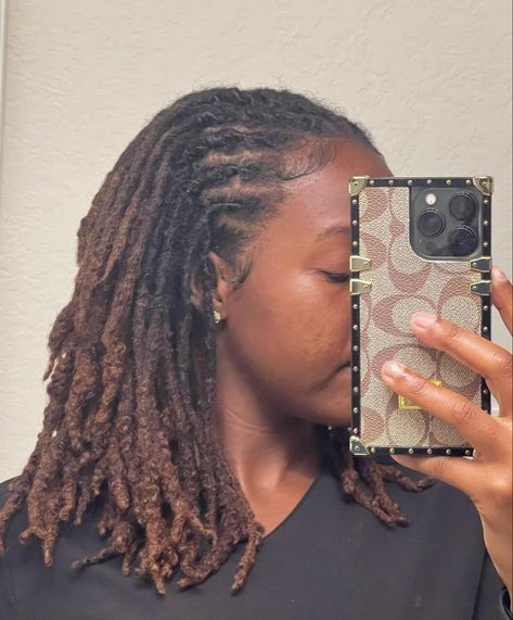 Three Strand Braid Locs, Bra Strap Length Loc Styles, Braid Back Loc Styles, Flat Twists On Locs, Extended Twists Over Locs, Chocolate Brown Locs Black Women, Mid Length Loc Styles, Loc Styles Retwist, Retwist Styles For Women