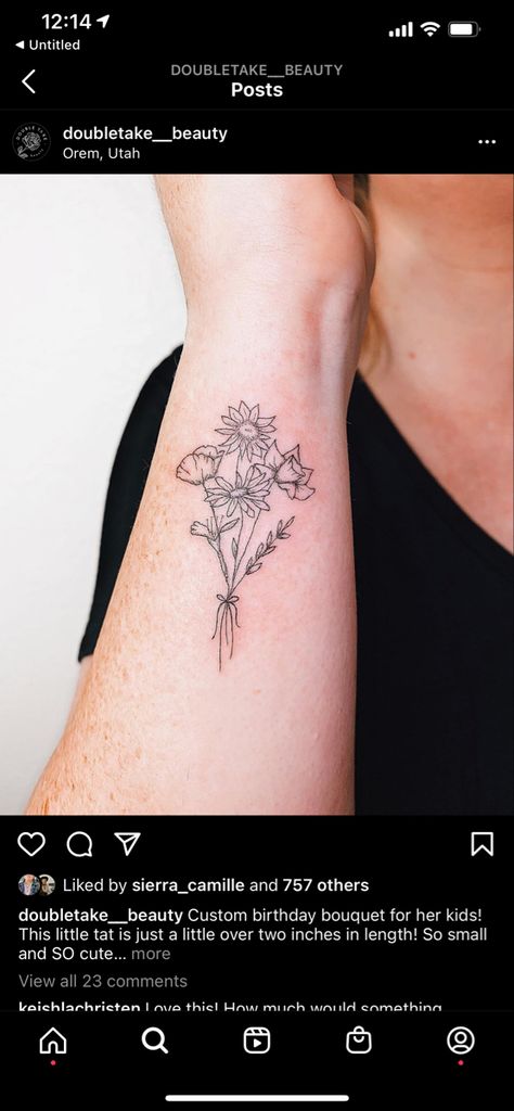 Bouquet Tattoo With Ribbon, Bunch Of Flowers Tattoo, Fine Line Flower Bouquet Tattoo, Floral Bouquet Tattoo, Flower Tats, Flower Bouquet Tattoo, Artsy Tattoos, Flower Tat, Bouquet Tattoo