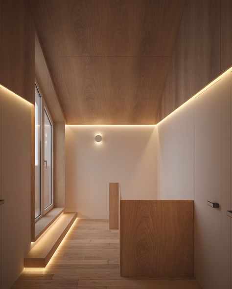 Soft Interior Lighting, Corridor Design Ideas, Roof Idea, Backlit Wall, Hidden Lighting, Corridor Design, Warm Color Schemes, Corridor Lighting, Cove Lighting