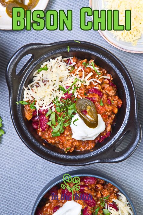 Slow Cooker Bison Chili - In the Kitch Bison Chili Crockpot, Bison Chili Recipe, Bison Stew, Bison Chili, Slow Cooker Stew Recipes, Bison Recipes, Bison Meat, Camping Meal, Slow Cooker Chili Recipe