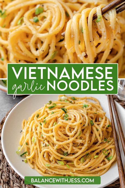 Vietnamese Garlic Noodles (Mì Xào Tỏi) San Francisco-style Vietnamese American Garlic Noodles, Asian Spaghetti Recipes, Asian Spaghetti Noodles, Vietnamese Spaghetti, Vietnamese American Garlic Noodles, Vietnamese Garlic Noodles, Garlic Ramen Noodles, American Lunch, Mi Xao