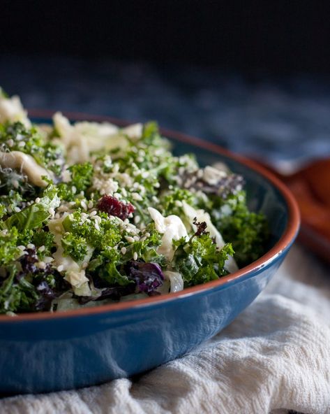 A CSA-inspired salad, this cabbage kale tahini slaw is easy, and most importantly, delicious! * Recipe on GoodieGodmother.com Kale Slaw Recipe, Cava Cabbage Slaw, Cilantro Cabbage Slaw, Cabbage Tahini, Kohlrabi Apple Slaw, Kale Slaw, Preserved Lemons, Vegetarian Cabbage, Cabbage Salad