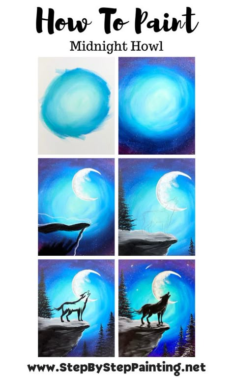 Wolf Painting Acrylic Easy Step By Step, Twilight Paintings Easy, How To Paint Acrylic Landscapes, How To Paint Step By Step Acrylic, How To Paint A Wolf, Blue Background Painting Ideas, Animal Painting Ideas On Canvas, Easy Wolf Painting, Free Painting Tutorial Step By Step