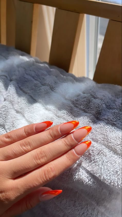 orange nails, orange french tips, almond nails, fall nail inspo, amber nails, chrome nails, hailey bieber nails, neon orange nails, summer nails, deep vcut french, french nails, orange tone nails, cute orange nails, chrome french, gelx nail inspo, nails Sparkly Orange French Tip Nails, Orange Chrome Tips, Orange French Chrome Nails, Orange French Tip Chrome, Orange French Tips Almond, Dark Orange French Tip, Prom Nails For Orange Dress, Orange Nails Prom, Orange Chrome French Tip Nails