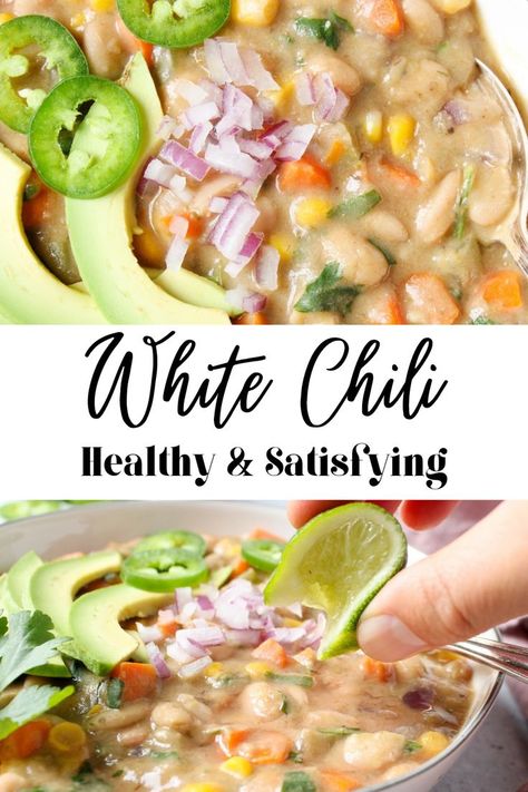 Vegan White Bean Chili Recipe, Vegan White Chili, Vegan White Bean Chili, Vegan Supper, White Bean Chili Recipe, Chili Vegan, Homemade Vegetable Broth, White Bean Chili, Bean Chili Recipe