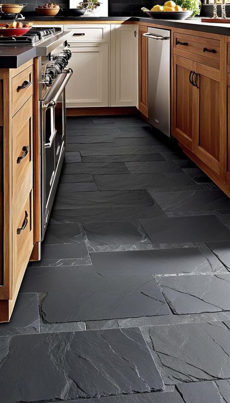 Slate Kitchen Countertops, Wood Pallet Flooring, Dark Tile Floors, Slate Floor Kitchen, Dark Kitchen Floors, Kitchen Flooring Trends, Kitchen Flooring Ideas, Slate Kitchen, Kitchen Flooring Options