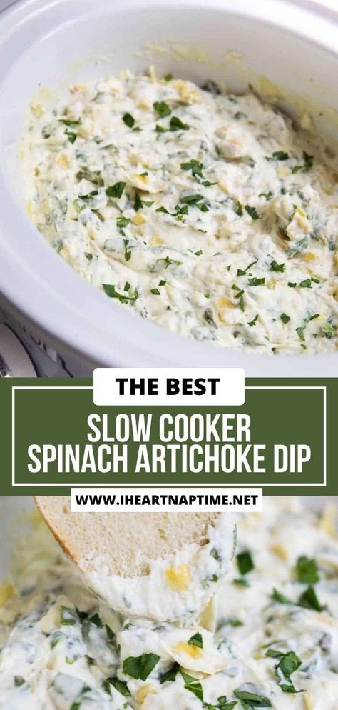 This slow cooker spinach artichoke dip is rich, cheesy and creamy plus easy to make in the crockpot. This warm dip with spinach and artichokes is a crowd-pleasing appetizer! Slow Cooker Spinach Artichoke Dip, Cook Fresh Spinach, Artichoke Dip Easy, Spinach Artichoke Dip Easy, Best Spinach Artichoke Dip, Spinach Artichoke Chicken, Spinach Artichoke Dip Recipe, Spinach And Artichoke Dip, Crock Pot Dips