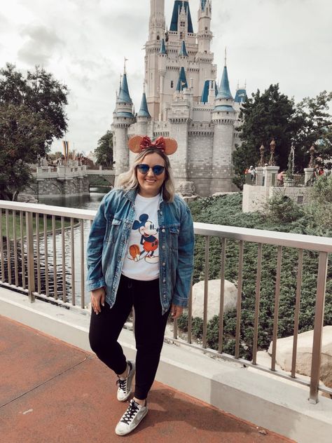 What to wear to Disney. Denim Jacket, Leggings, Mickey Mouse Tee, & Sneakers | Sell Eat Love Mickey Shirt Outfit Women, Outfits For Disneyland Paris, Disney Flannel Outfit, Disneyland Outfits Curvy, Disneyland Sweater Outfit, Disneyland Outfits Leggings, Disney Plus Outfits, Disney Outfit Ideas Plus Size, Plus Size Disney Outfits Fall