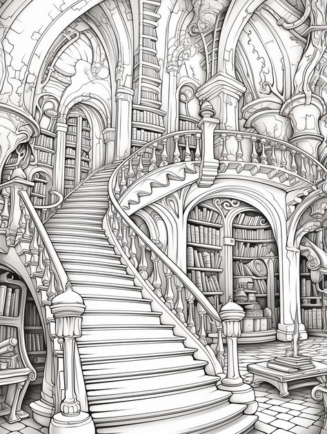 Magical Library Coloring Pages: Hundreds of FREE printables for kids to. #Hogwarts_Coloring_Pages #Library_Coloring_Pages #Landscape_Coloring_Pages #Magical_Library Library Coloring Pages, Coloring Pages For Adults Unique, Free Printable Coloring Book, Enchanted Library, Library Drawing, Iphone Wallpaper Vintage Hipster, Magical Library, Free Printables For Kids, Color Design Inspiration