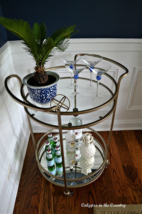 Decorating a Spring Bar Cart - 3 Simple Ideas - Calypso in the Country Navy Dining Room, Dining Room Navy, Northern White Cedar, Cherry Furniture, Blue Wall Colors, Red Dining Room, Diy Bar Cart, Thomasville Furniture, Gold Bar Cart