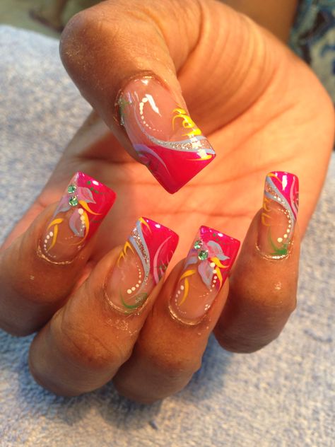 2000 Nail Inspiration, 90s Nail Art Short, Nail Art Designs 90s, Neon Nail Designs 2023, Hot Pink 90s Nails, Cute Acrylic Nail Designs Medium Length Square, Short Nails 2000s, Early 2000 Nail Art, 90s Nail Designs Short Nails