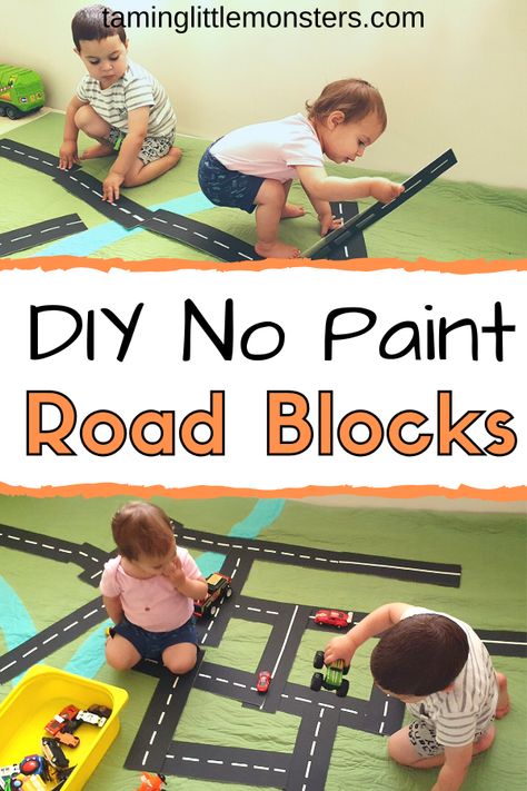 Learn how to make these DIY Road Blocks in 15 minutes. This cheap and easy project is wonderful for toddlers and preschoolers to use in small world play and other fun kids activities. No need for paint or fancy tools of any kind.  #DIYtoys #toddler #preschooler Transport Activities, Toy Road, Car Activities, Road Blocks, Diy Preschool, Road Transport, Kids Blocks, Baby Teddy, Diy Kids Toys