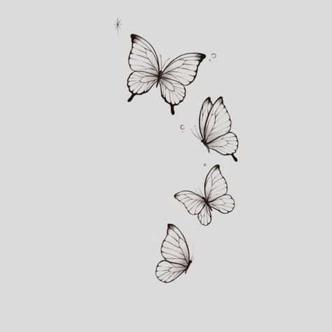 Pretty Butterflies Drawing, Different Butterfly Tattoo Stencil, Four Butterfly Tattoo Designs, Butterflies Tattoo Minimalist, Delicate Color Tattoo, Small Tattoo Ideas Butterfly, Butterfly Aesthetic Tattoo, Four Butterflies Tattoo, 4 Butterflies Tattoo