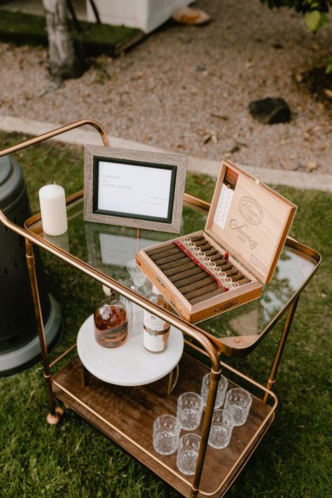 surprise whiskey + cigar 40th birthday - the love designed life Whiskey Bar At Wedding, Wedding Cigars Bar, Cigars And Whiskey Bar Wedding, Custom Cigars Wedding, 39 Th Birthday Ideas, Cigars At Wedding, Wedding Cigars Ideas, Whiskey And Cigars Birthday Theme, Whiskey Bar Ideas Party